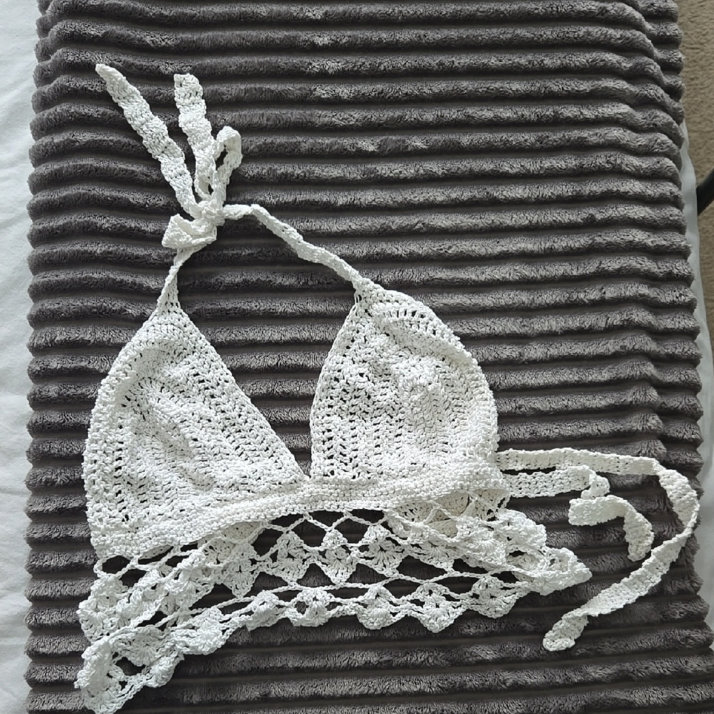 White Crochet Halter Crop Top with Scalloped Hem